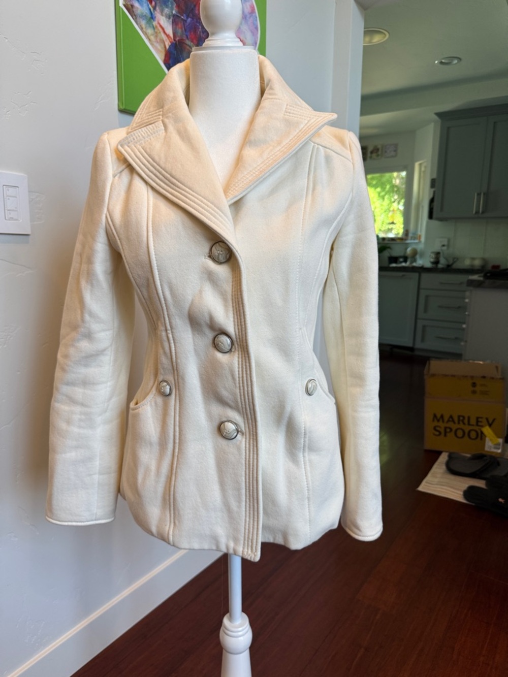 Kenneth Cole Reaction Cream Double-Breasted Peacoat flawed